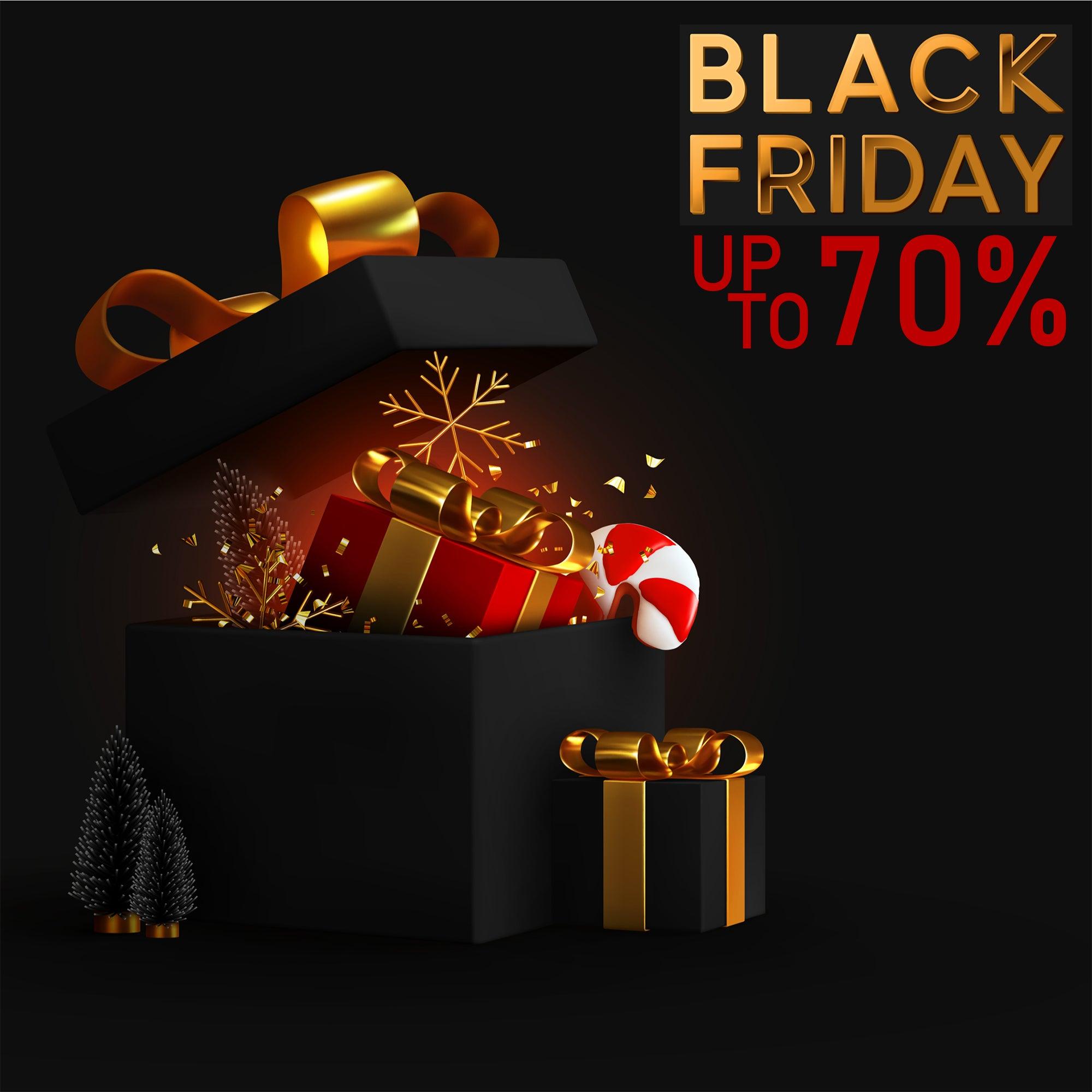 Black Friday sale up to 70% off with black and gold gift boxes and holiday decorations